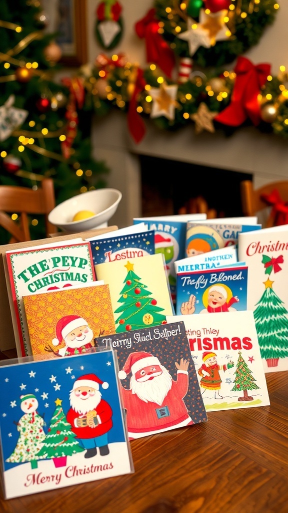 1980s Vintage Christmas Card Collection A variety of vintage 1980s Christmas cards showcasing festive designs and bright colors on a wooden table.